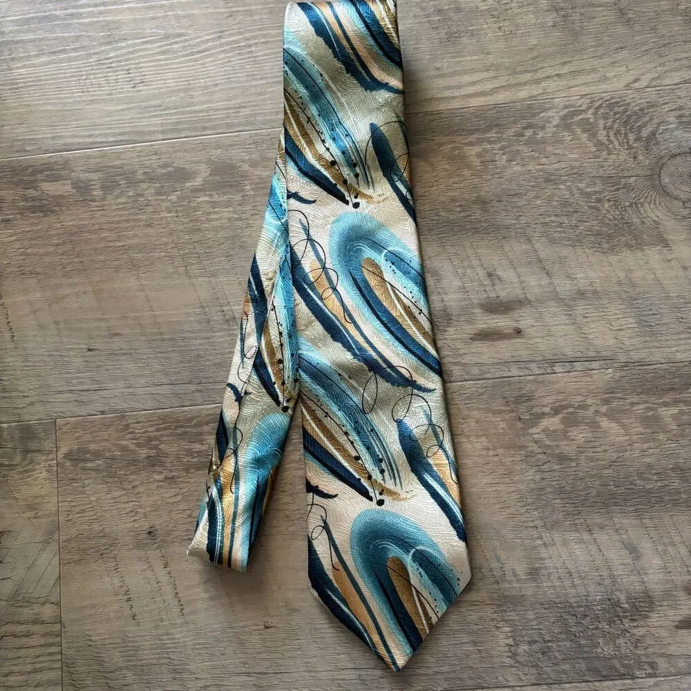 J. Garcia Extra Long 100% Silk Abstract Blue Gold Men's Neck Tie Clockworks